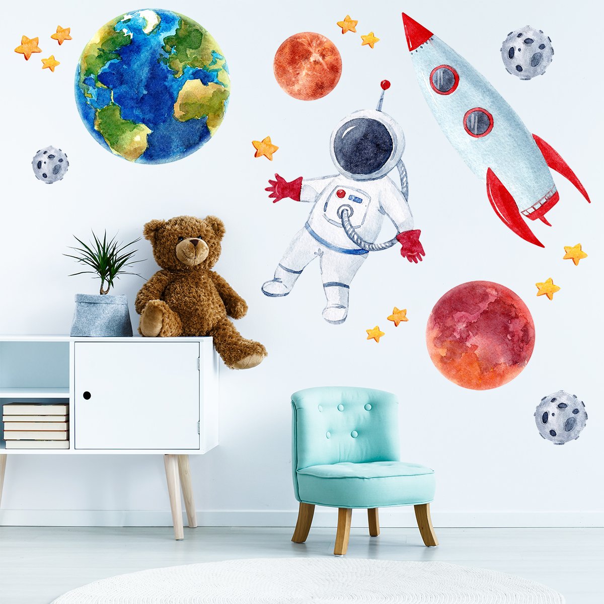 Naklejki na ścianę do przedszkola planety, mars i rakiety