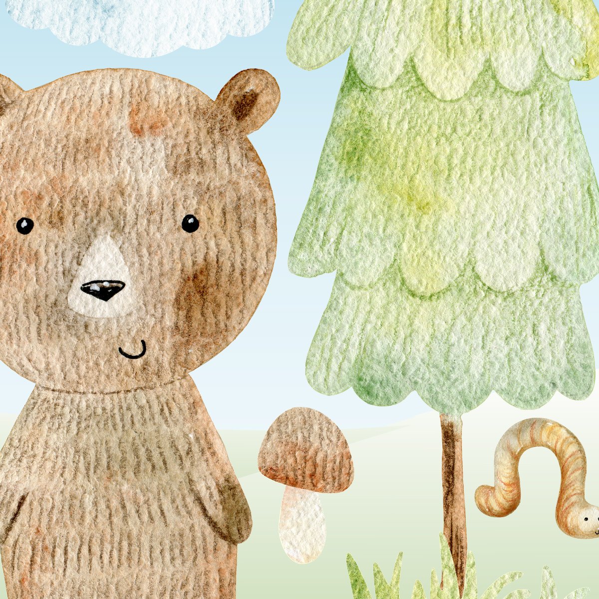 Akwarelowe naklejki na ścianę dla dzieci brązowy miś, choinka i grzybek