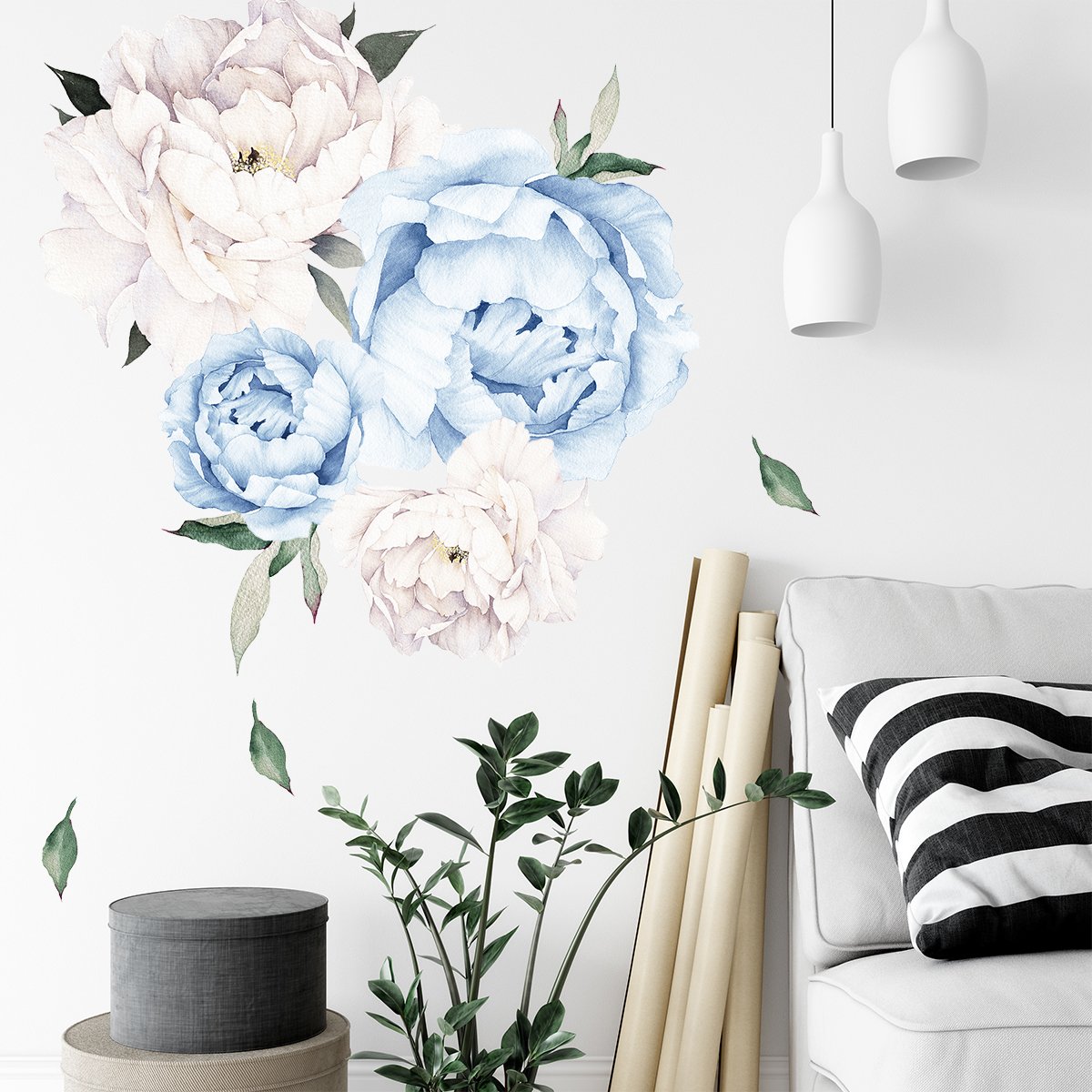 Naklejki na ścianę białe i niebieskie piwonie do salonu#kolor_niebieski