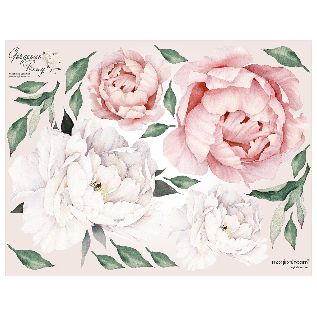 Naklejki na ścianę białe piwonie i zielone liście do sypialni#kolor_brzoskwiniowy