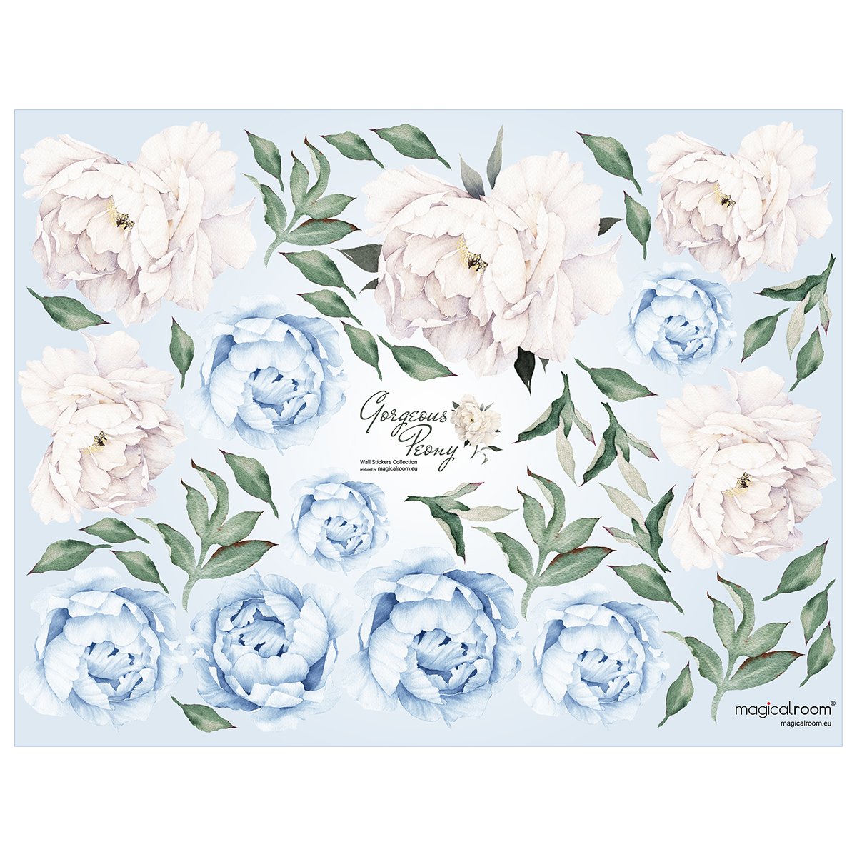 Naklejki na ścianę niebieski i białe piwonie do salonu#kolor_niebieski