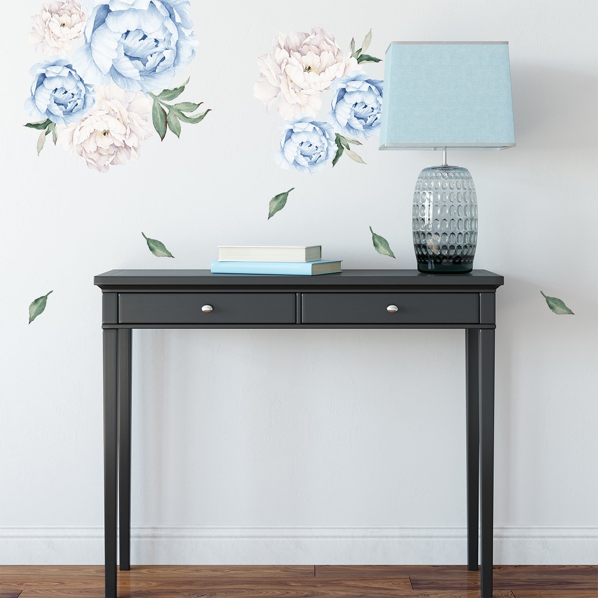 Naklejki na ścianę niebieskie i białe piwonie do salonu#kolor_niebieski