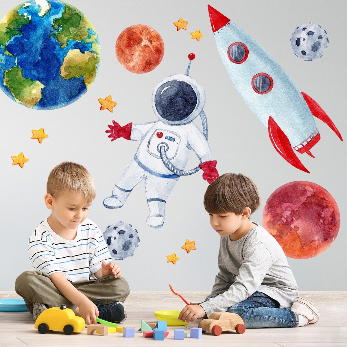 Naklejki na ścianę do pokoju chłopca kosmos, planety, prom kosmiczny i duży astronauta