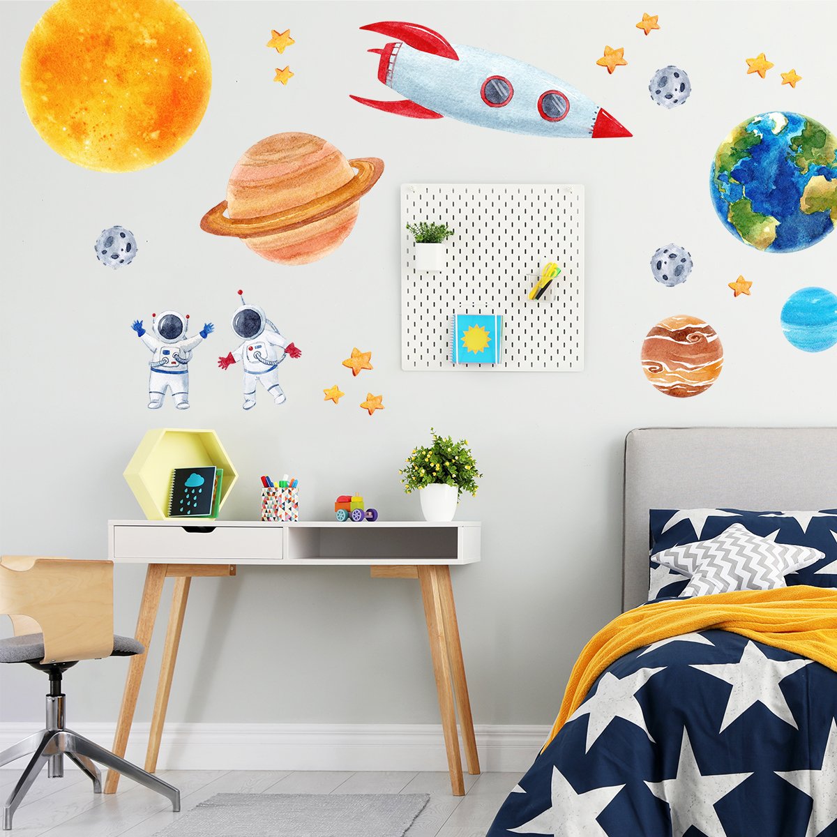 Naklejki na ścianę do pokoju chłopca planety, saturn, ziemia i rakieta