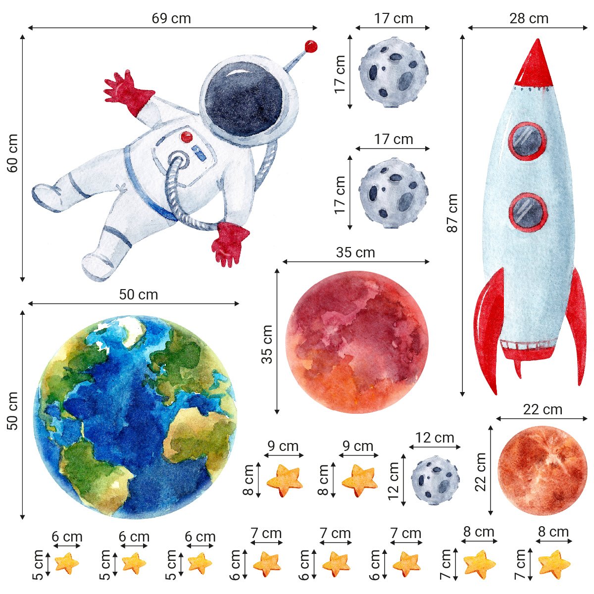 Naklejki na ścianę dla chłopca prom kosmiczny, astronauta i planety