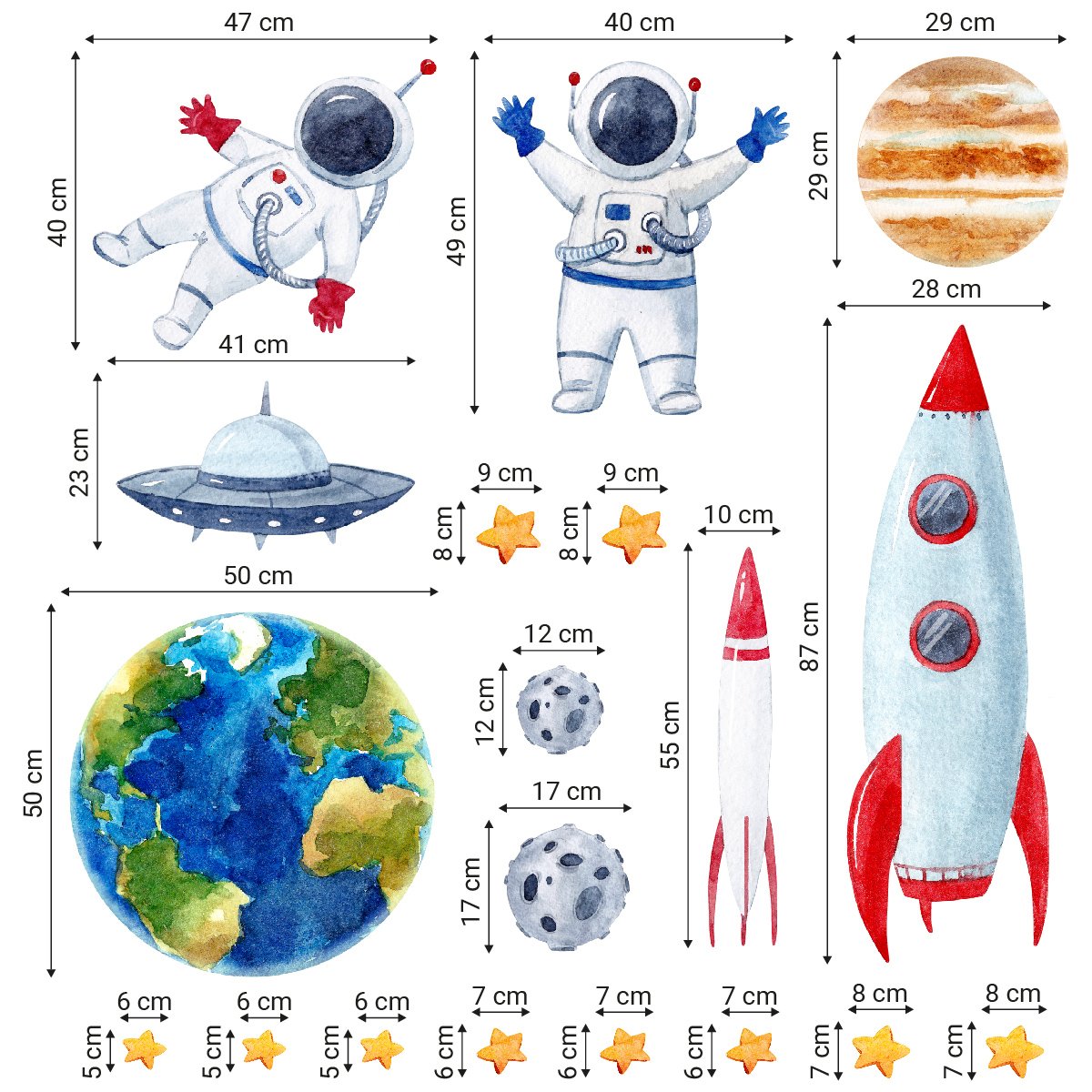 Naklejki na ścianę dla chłopca rakieta, ziemia, planety, ufo, statek kosmiczny i astronauta