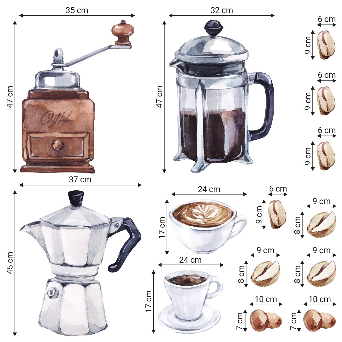 Naklejki na ścianę do kawiarni z młynkiem do kawy, ziarenkami i czajnikiem