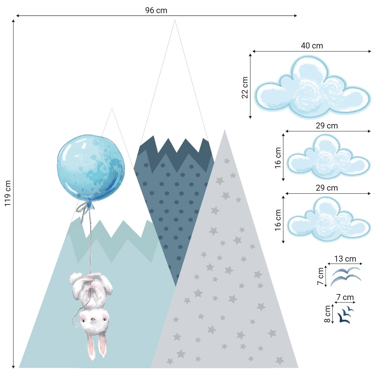 Naklejki na ścianę latające zwierzątka i niebieskie góry#kolor_niebieski