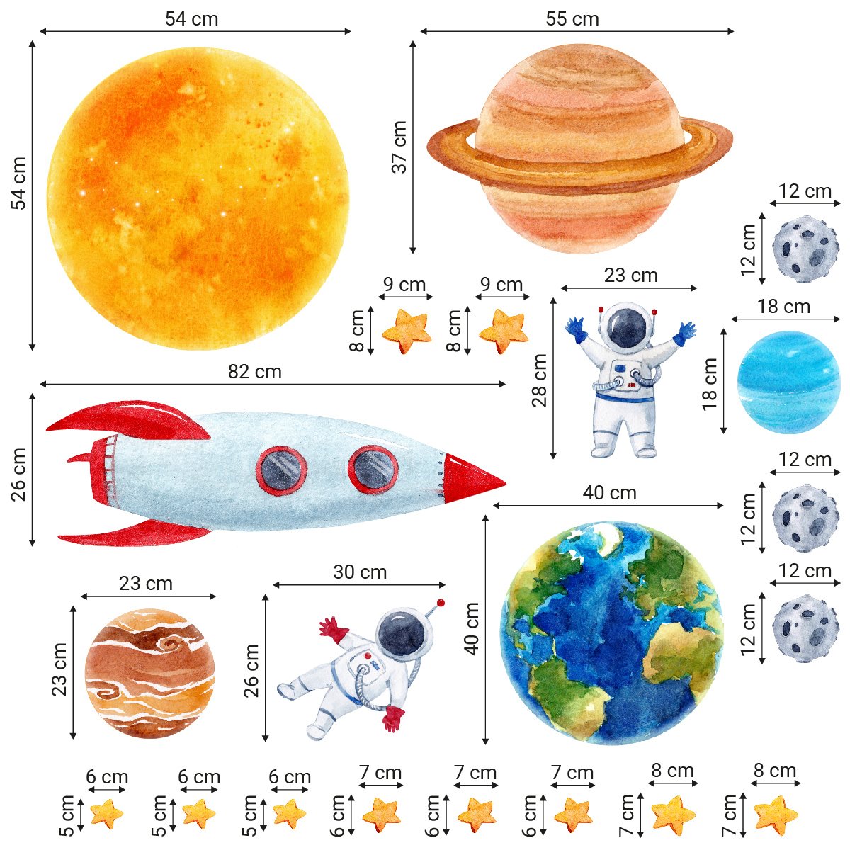 Naklejki dla chłopca planety, rakieta kosmiczna, słońce i astronauta