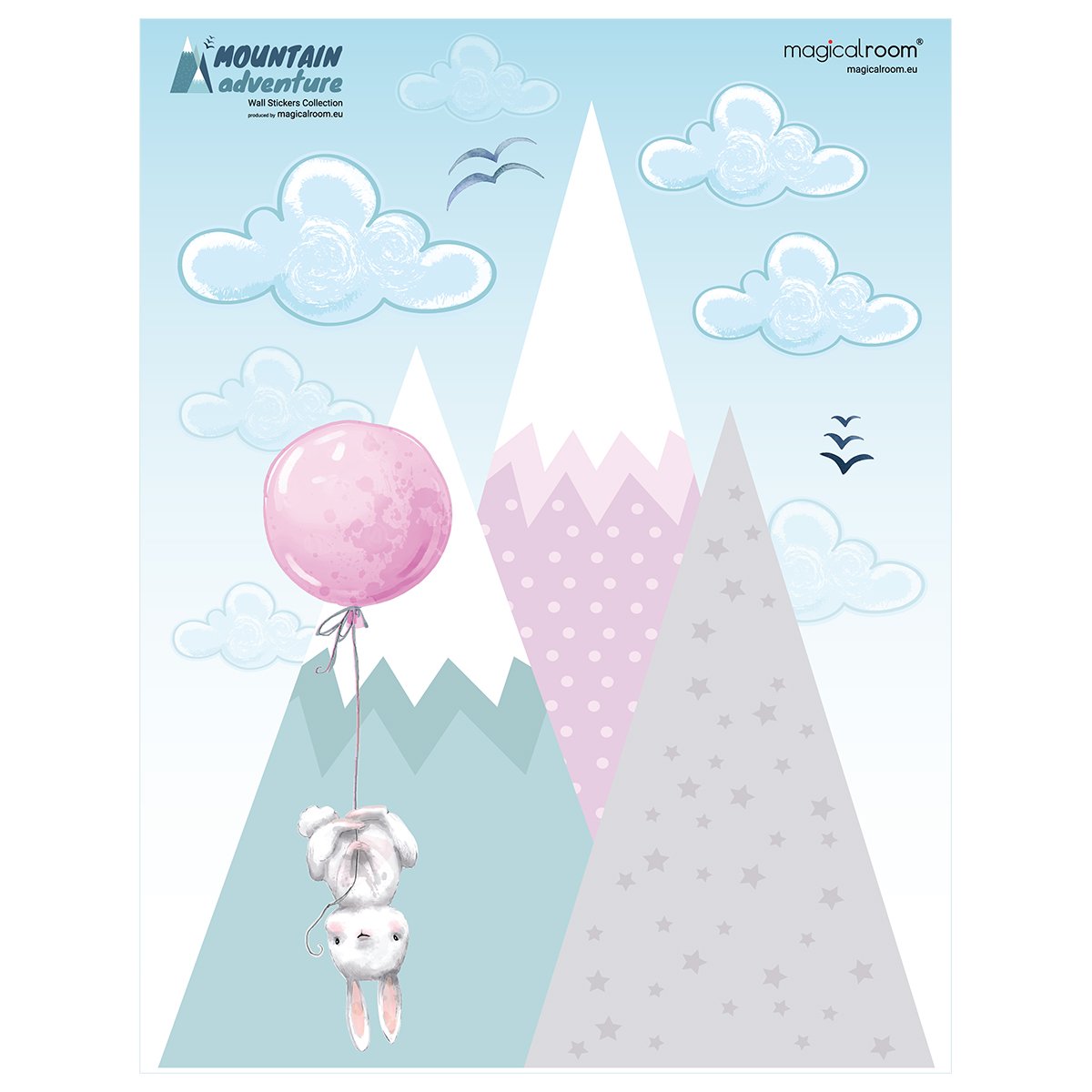 Naklejki ścienne dla dzieci różowe góry i latające króliki#kolor_rozowy