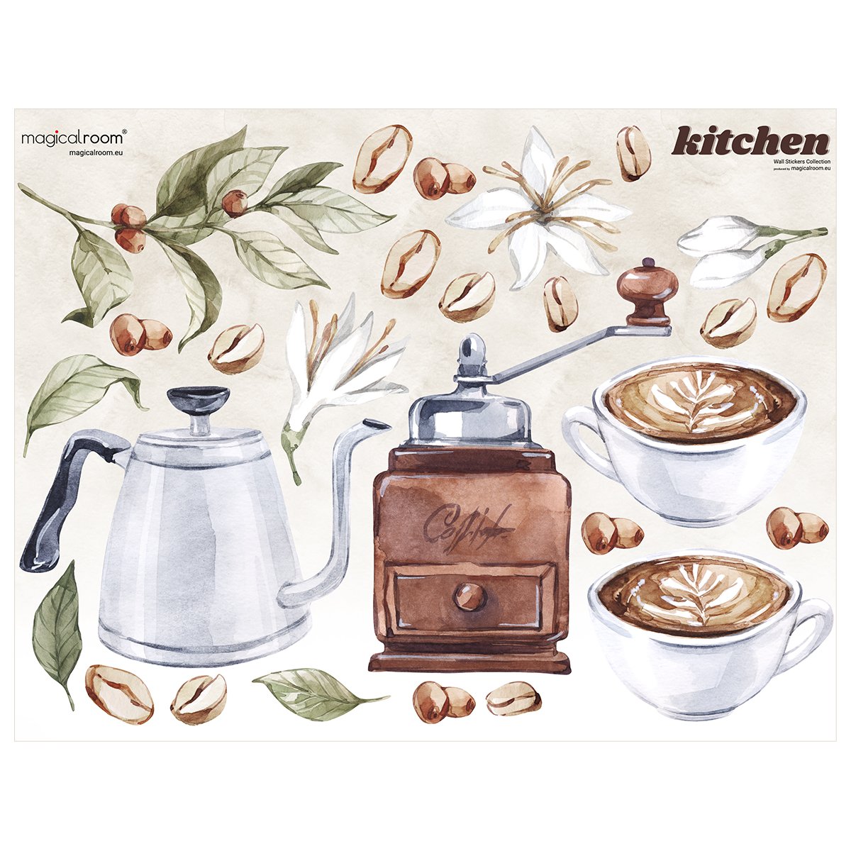 Naklejki ścienne do jadalni z filiżankami, młynkiem, czajnikiem i gałązkami kawy