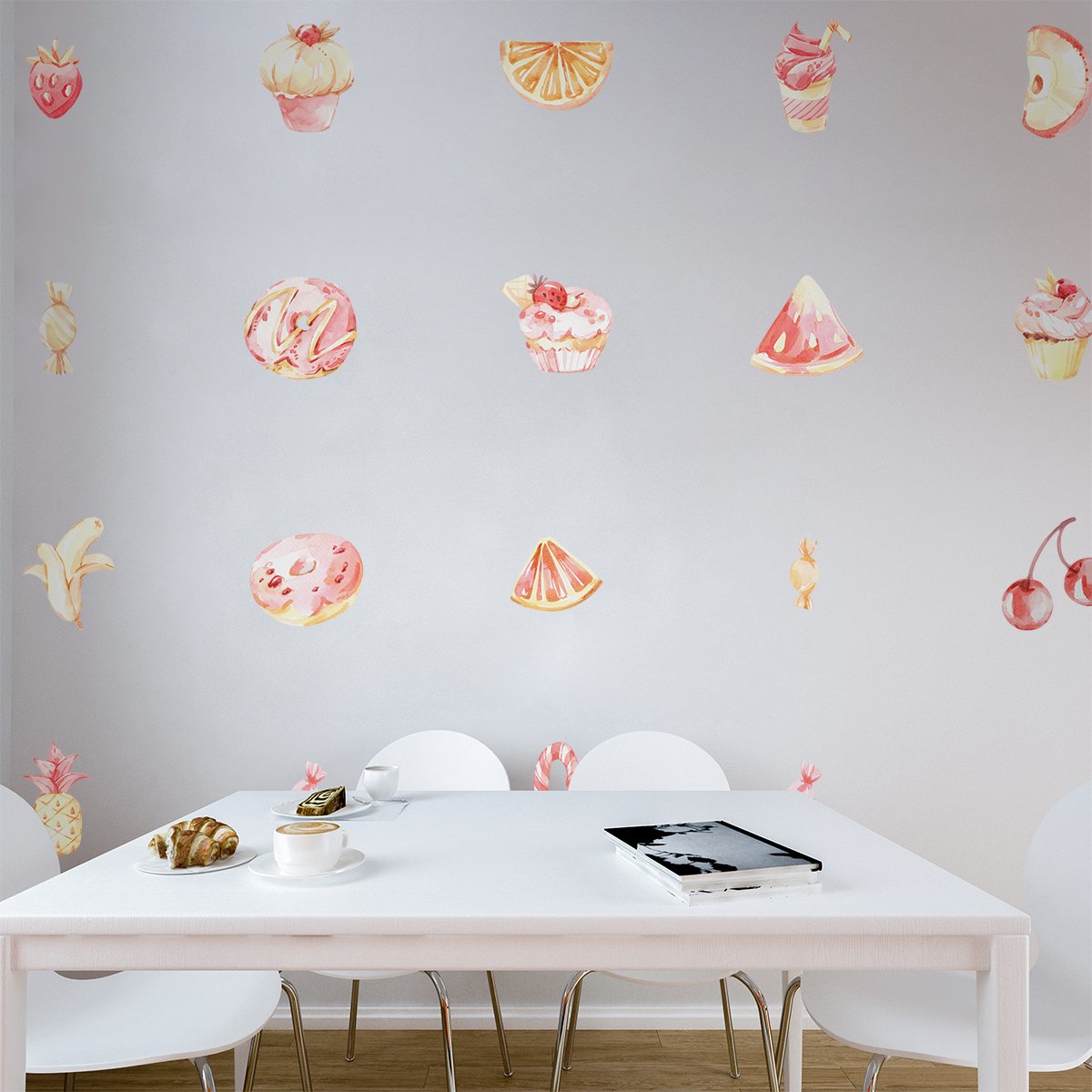 Naklejki ścienne do jadalni ze słodyczami, wypiekami i owocami w pastelowych tonach