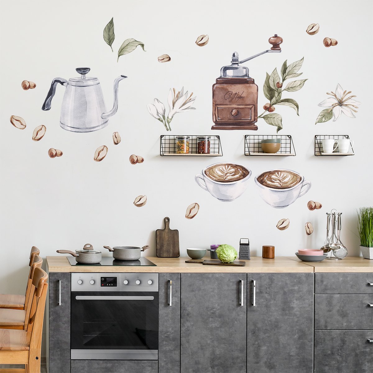 Naklejki na ścianę do kuchni - filiżanki i młynek do kawy