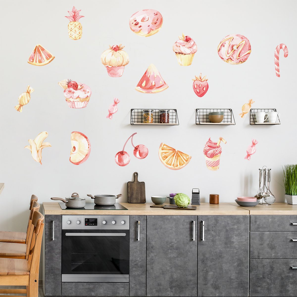 Naklejki ścienne w skandynawskim stylu z owocami i słodyczami do kuchni