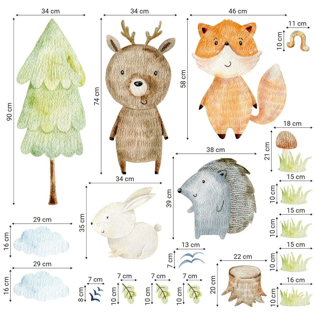 Naklejki ścienne dla małych dzieci wesołe zwierzęta leśne - lisek, jelonek, zając i jeż do pokoju niemowlaka