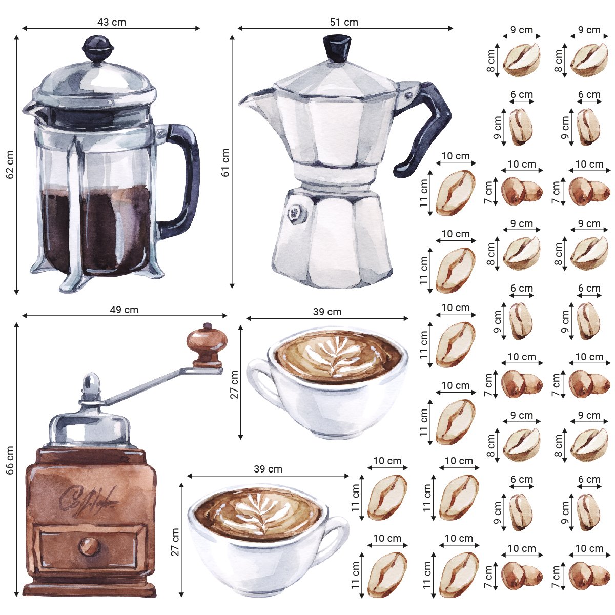 Naklejki na ścianę do kawiarni z kawą i ziarenkami