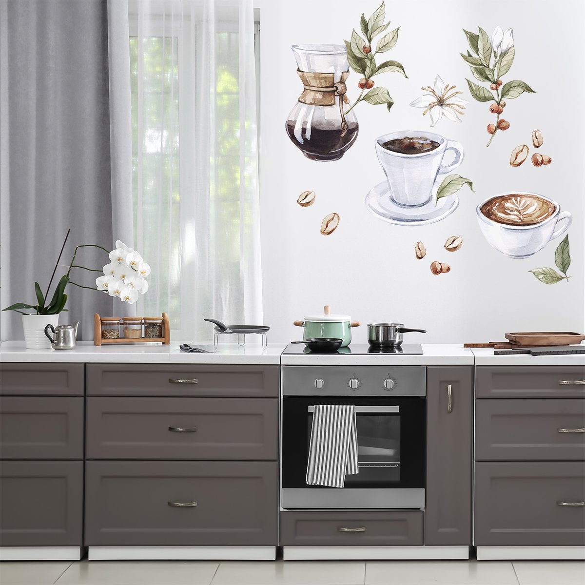 Naklejki na ścianę z kawa i filiżanki w kuchni
