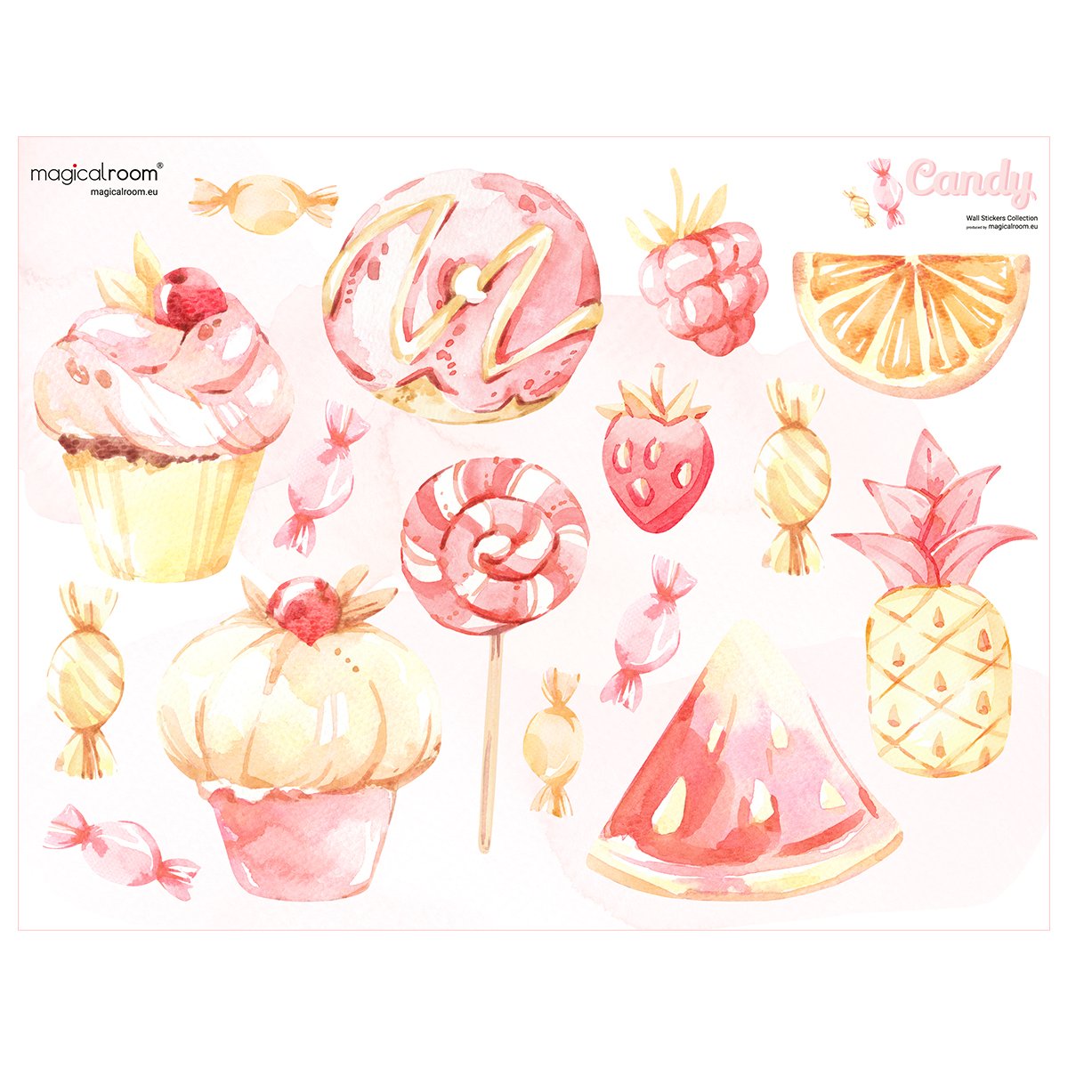 Naklejki na ścianę ze słodyczami i owocami do cukierni