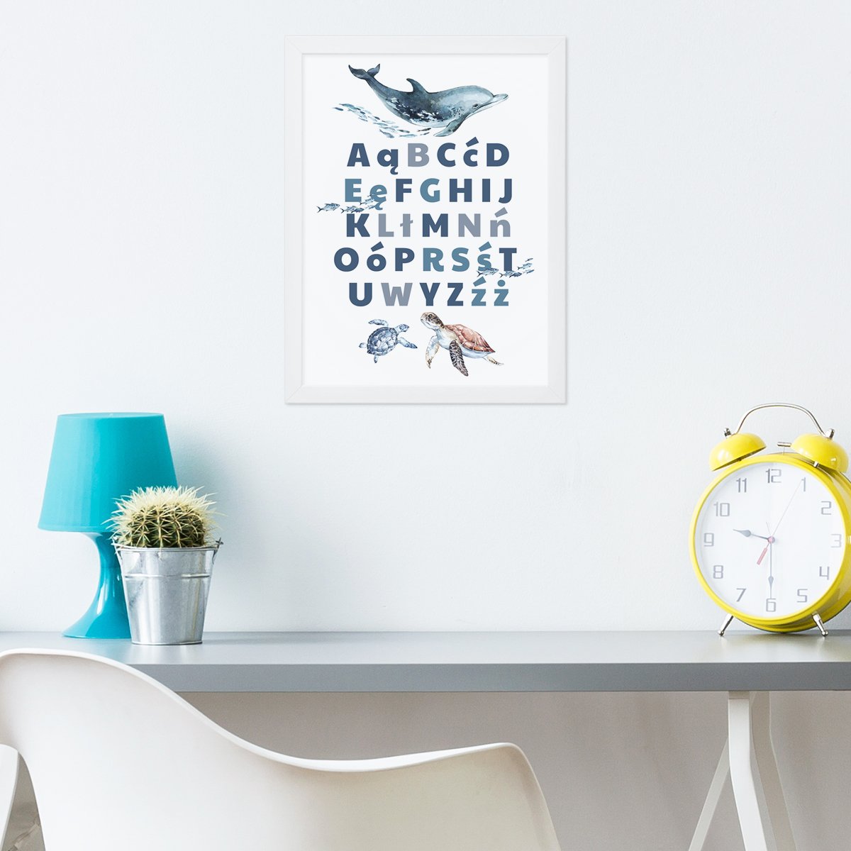 Plakat dla przedszkolaków alfabet i zwierzęta morskie w białej ramce