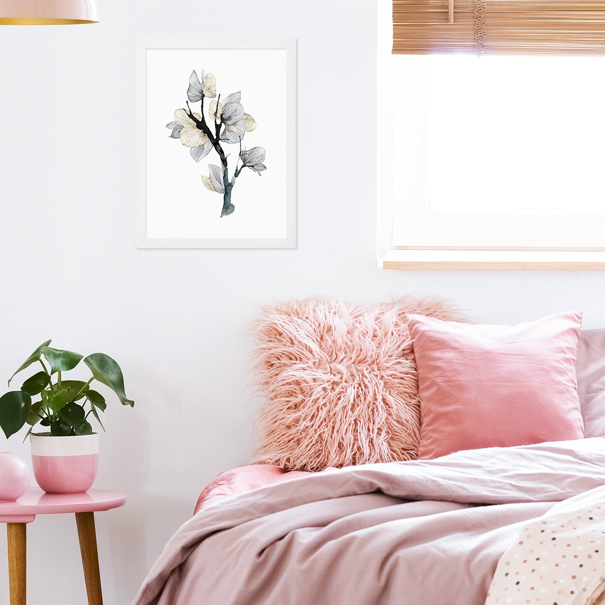Plakat 30x40 do sypialni czarno białe rośliny w białej ramie