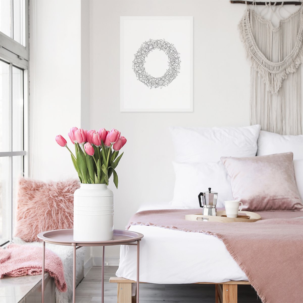 Nowoczesny czarno-biały plakat do sypialni z rama w zestawie