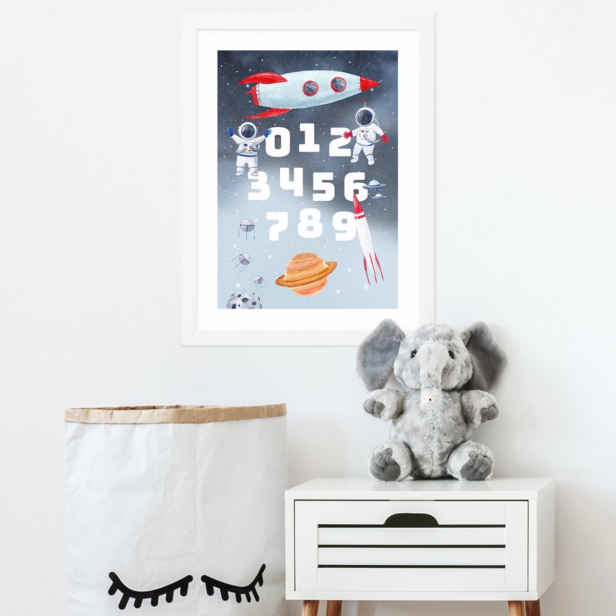 Plakat cyfry i kosmos dla chłopca
