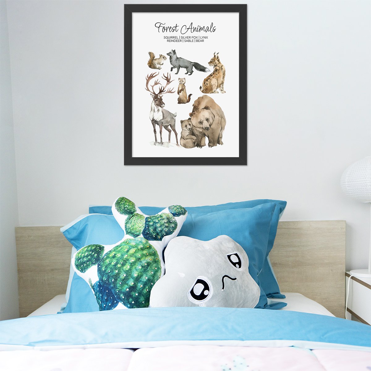 Plakat dla chłopca ze zwierzętami leśnymi i napisami w języku angielskim