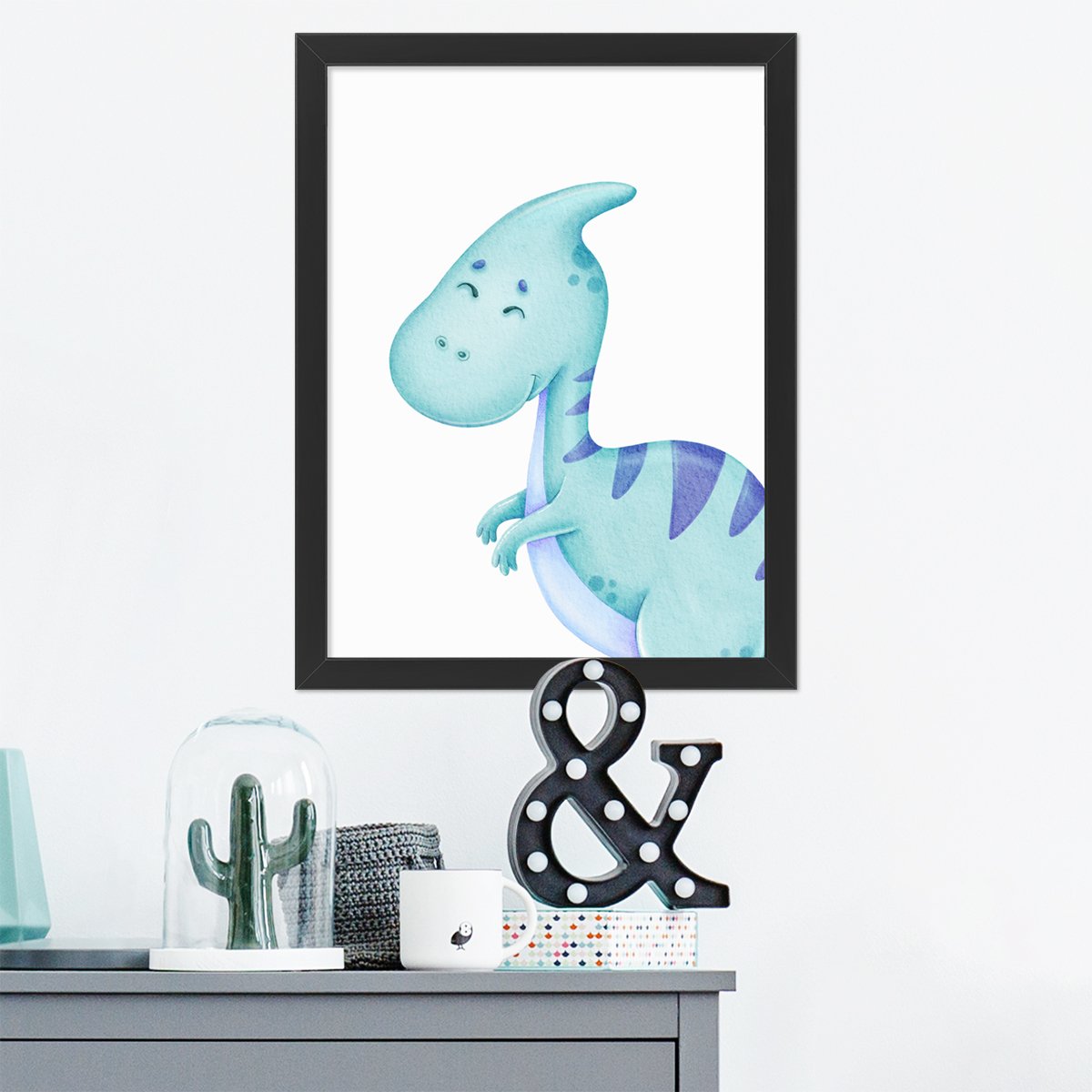 Plakat na ścianę dla dzieci niebieski dinozaur w czarnej ramie