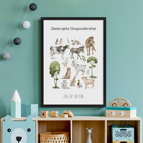 Plakat dla dzieci ze zwierzętami gospodarskimi i ich nazwami w czarnej ramce#jezyk_polski