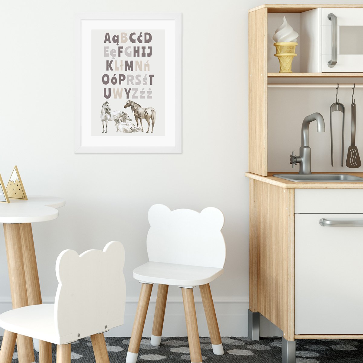 Plakat dla dziecka alfabet i konie w białej ramce