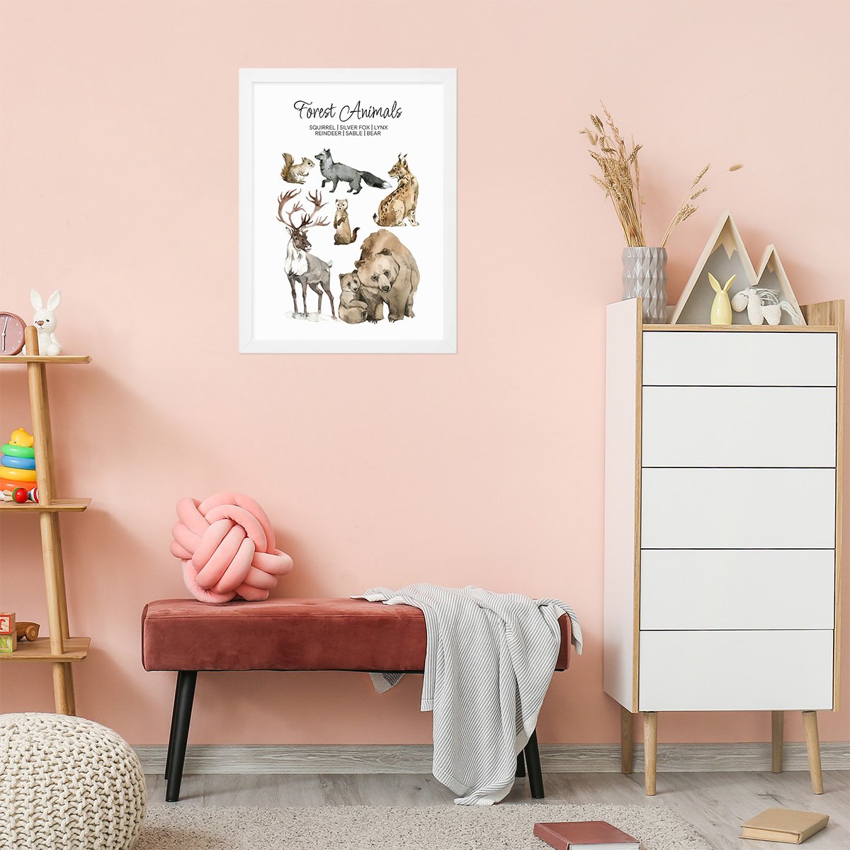 Plakat dla dziewczynki zwierzęta leśne z nazwami gatunków w języku angielskim