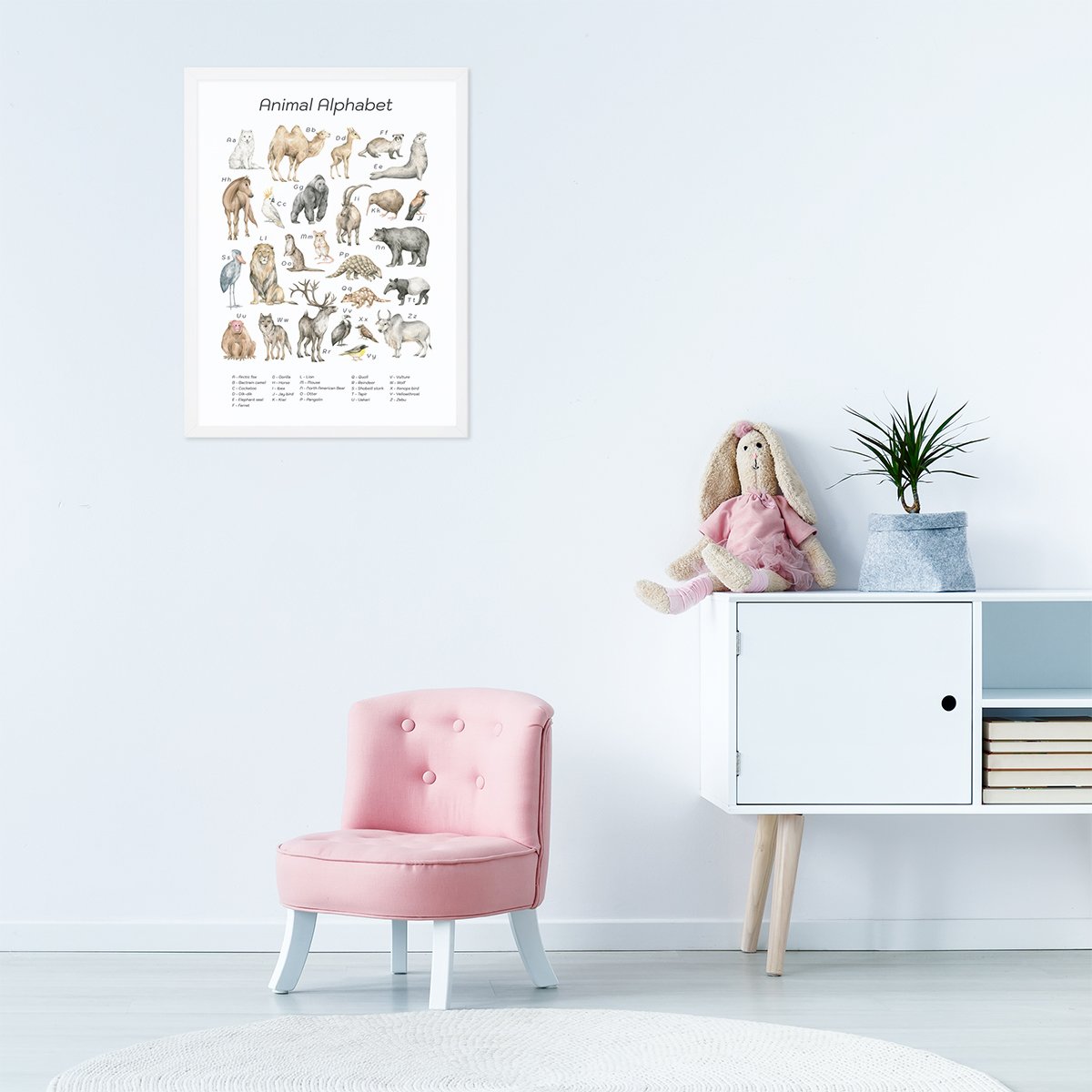 Plakat dla maluszka z alfabetem i zwierzętami w pokoju dziecięcym