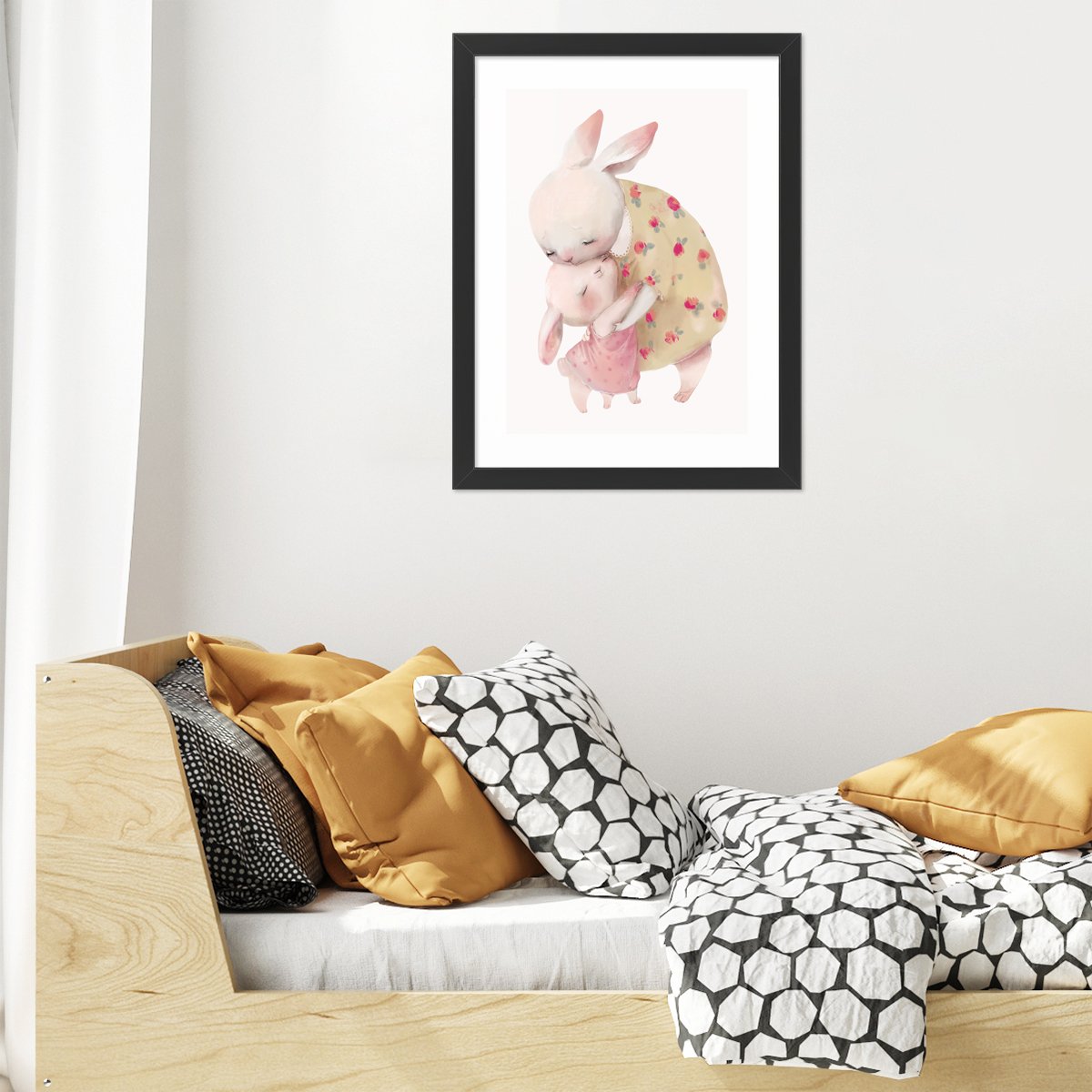 Plakat do pokoju dziecięcego mama i córka króliczek w czarnej ramce