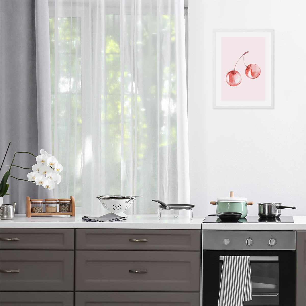 Plakat do kuchni z czereśniami w białej ramce