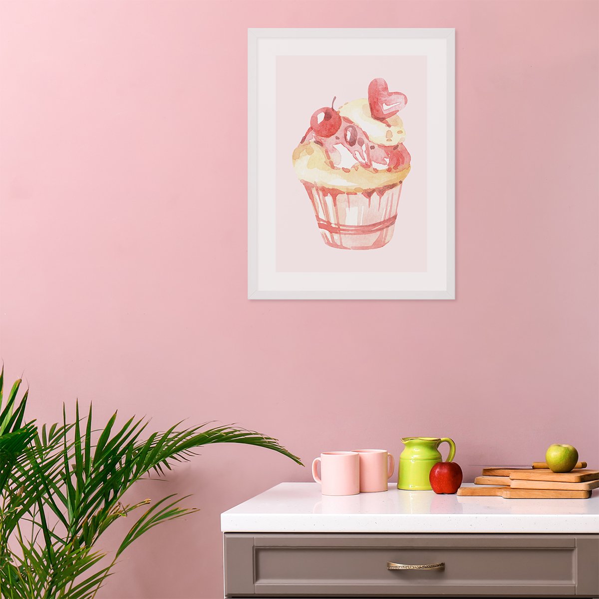 Plakat do kuchni akwarela mufinka z kremem i wisienką w białej ramce