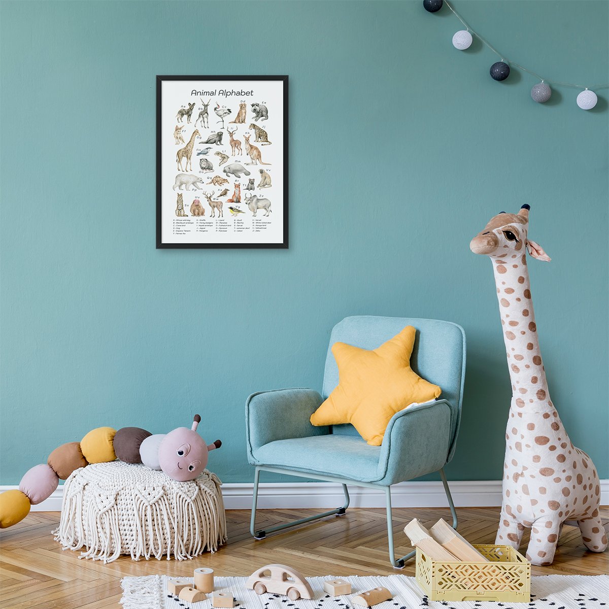 Edukacyjny plakat z alfabetem i zwierzętami do pokoju chłopca