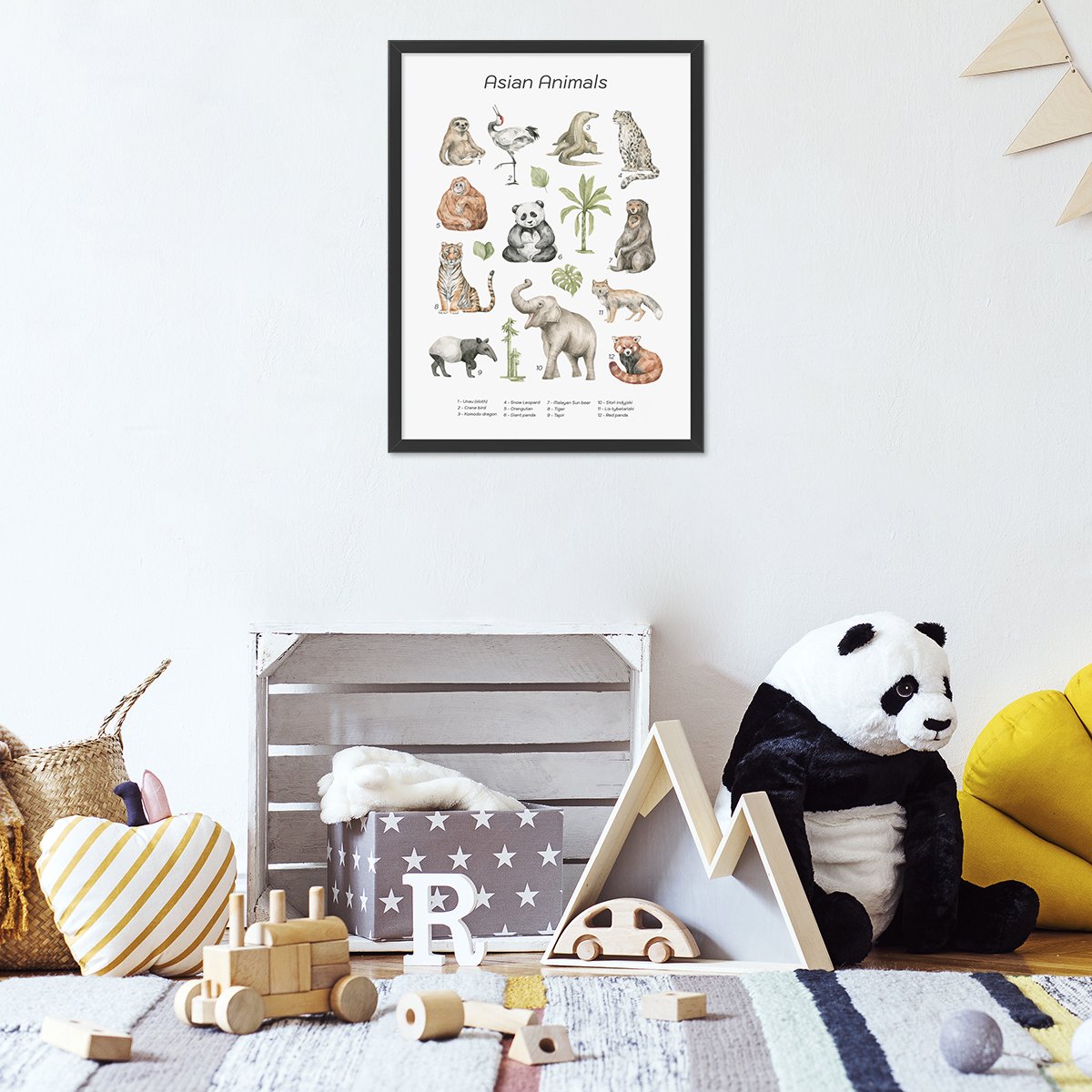 plakat do pokoju dziecięcego ze zwierzętami Azji w czarnej ramce#jezyk_angielski