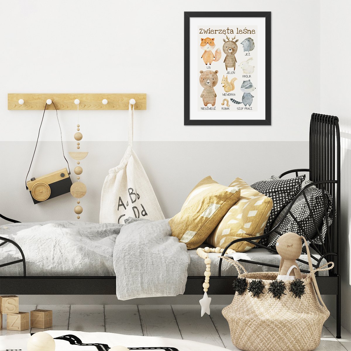Plakat na ścianę zwierzęta leśne i ich nazwy do pokoju małego dziecka