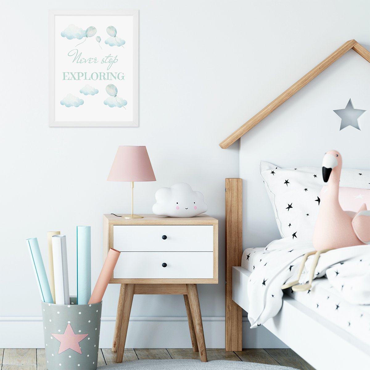 Plakat do pokoju dziecka z angielskim cytatem - never stop exploring