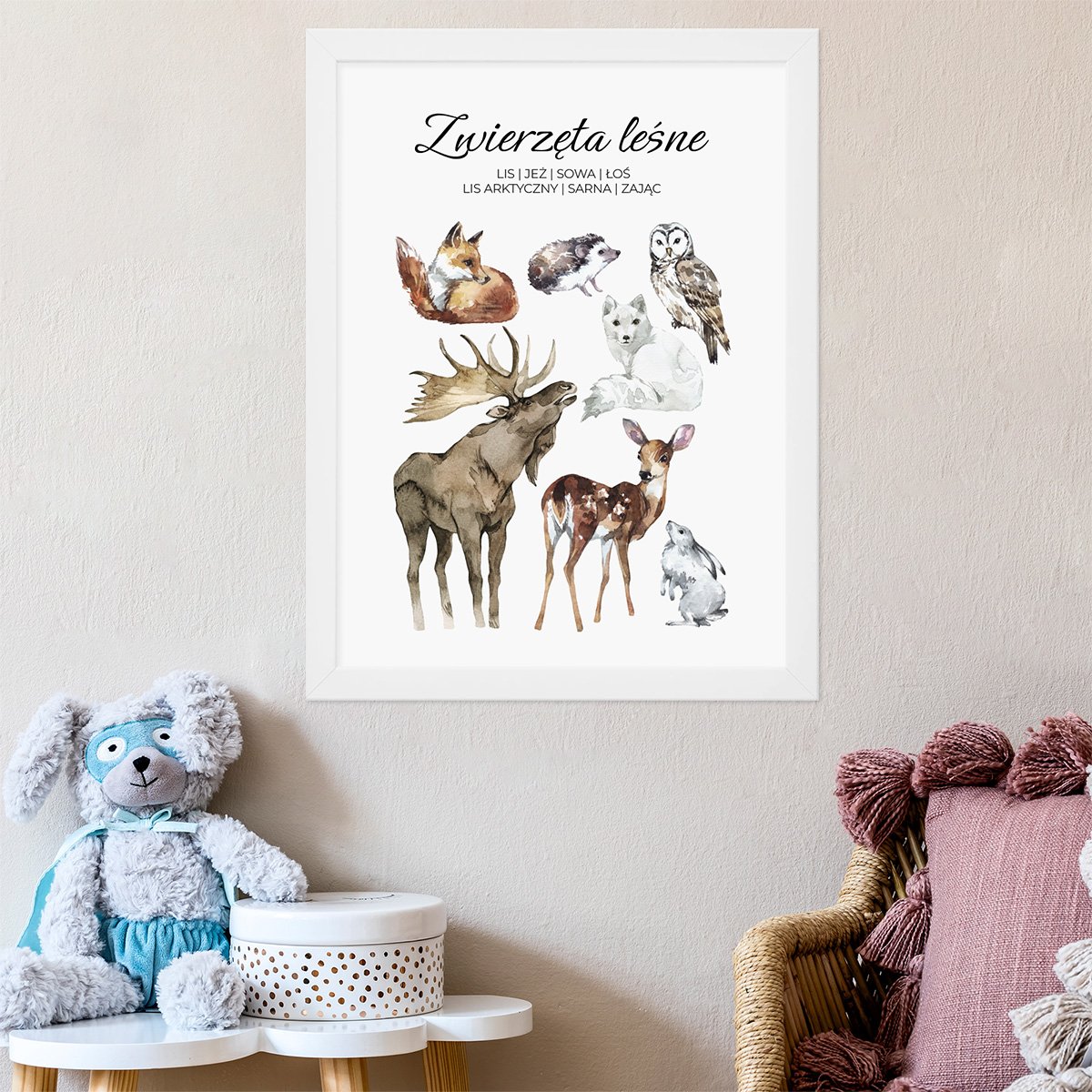 Plakat do pokoju dziewczynki zwierzęta leśne - łoś, jeż, sowa, lis i sarna