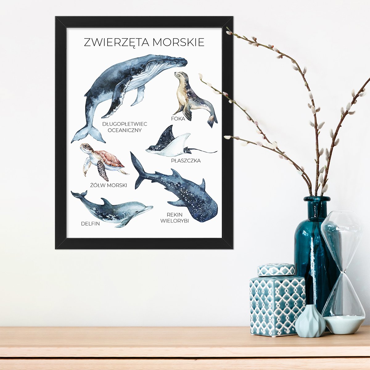 Plakat do przedpokoju zwierzęta morskie w czarnej ramie