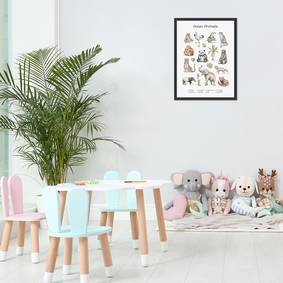 Plakat dla dzieci do przedszkola ze zwierzętami z czarna ramką#jezyk_angielski