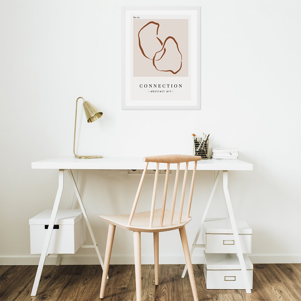 Plakat grafika w białej ramce w pokoju na ścianie