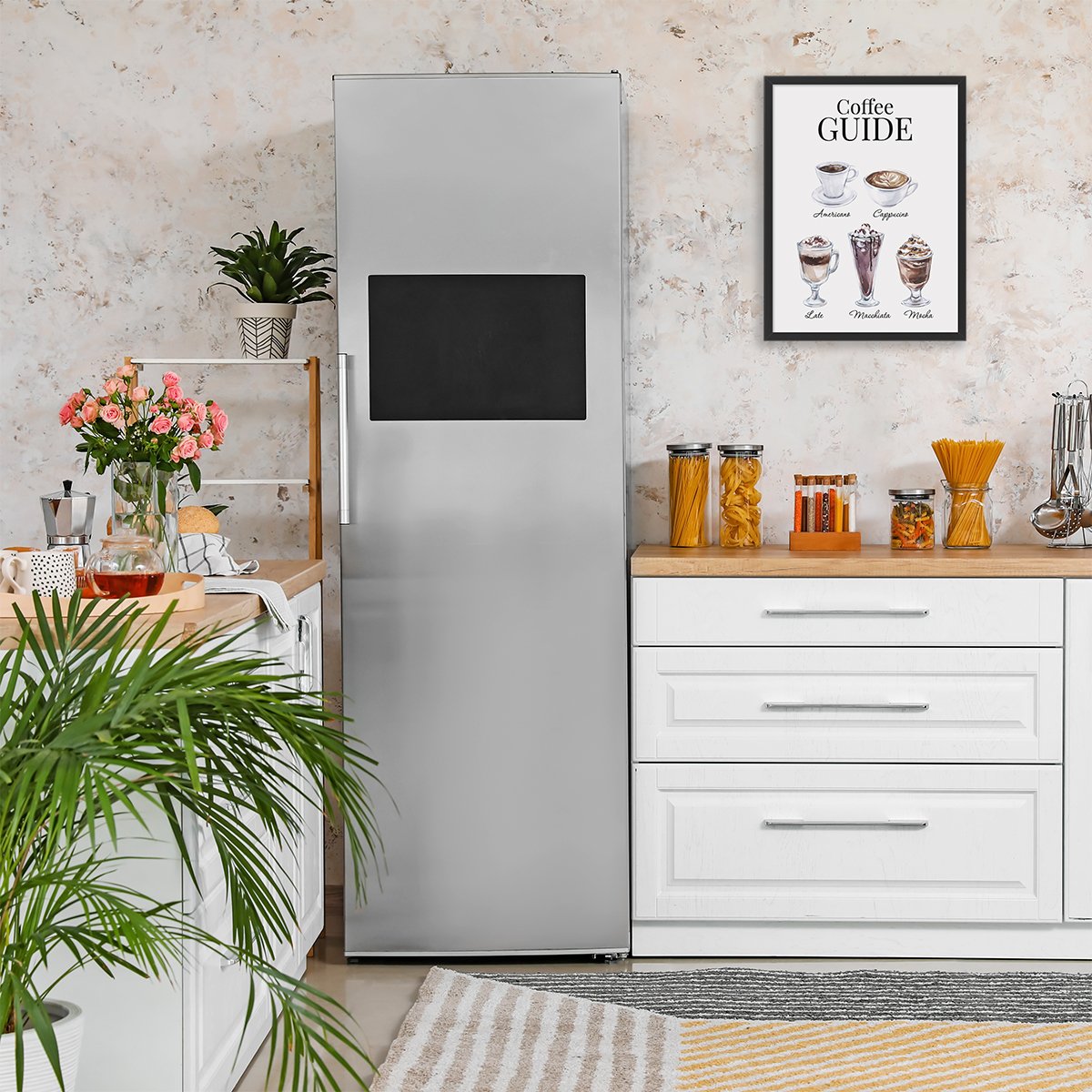 Plakat do kuchni przwodnik po gatunkach kawy w czarnej ramce