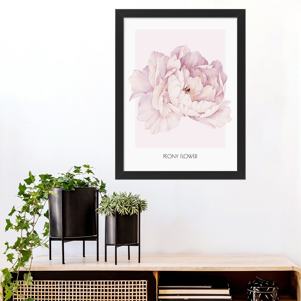 Plakat na ścianę do korytarza z ilustracją przedstawiająca różową piwonię w czarnej ramce#kolor_rozowy-mix