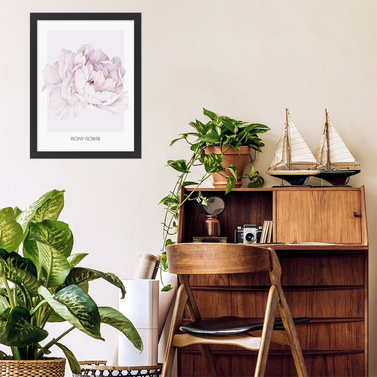 Plakat do pracowni piwonie w czarnej ramce#kolor_fioletowy