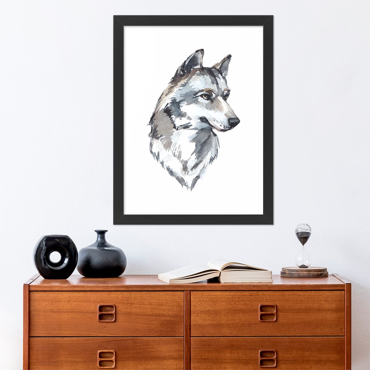 Plakat na ścianę z wilkiem na przedpokój w czarnej ramie