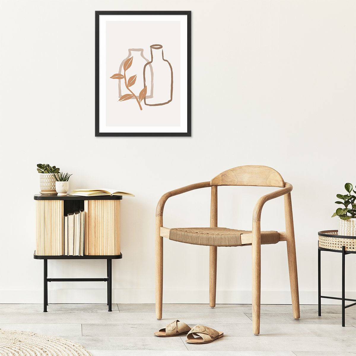 Plakat 50x70 cm do salonu wazony boho w czarnej ramie