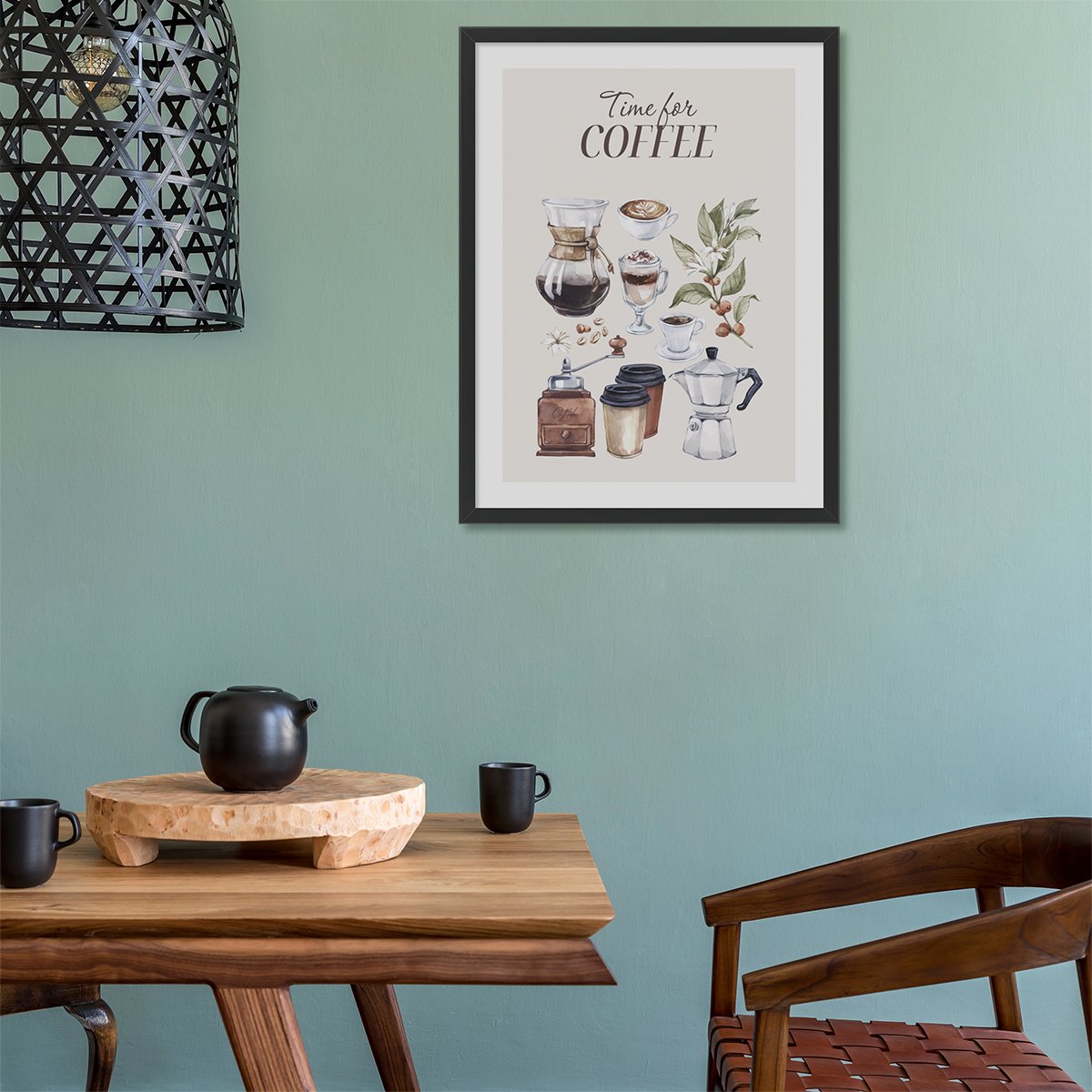 Plakat 50x70 cm z napisami i kawą do jadani z czarna ramka powieszony nad stołem