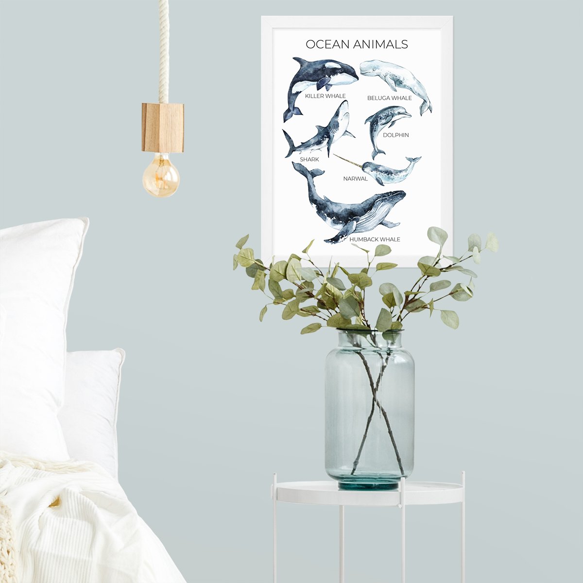 Plakat na ścianę zwierzęta oceaniczne - ocean animals w białej ramie